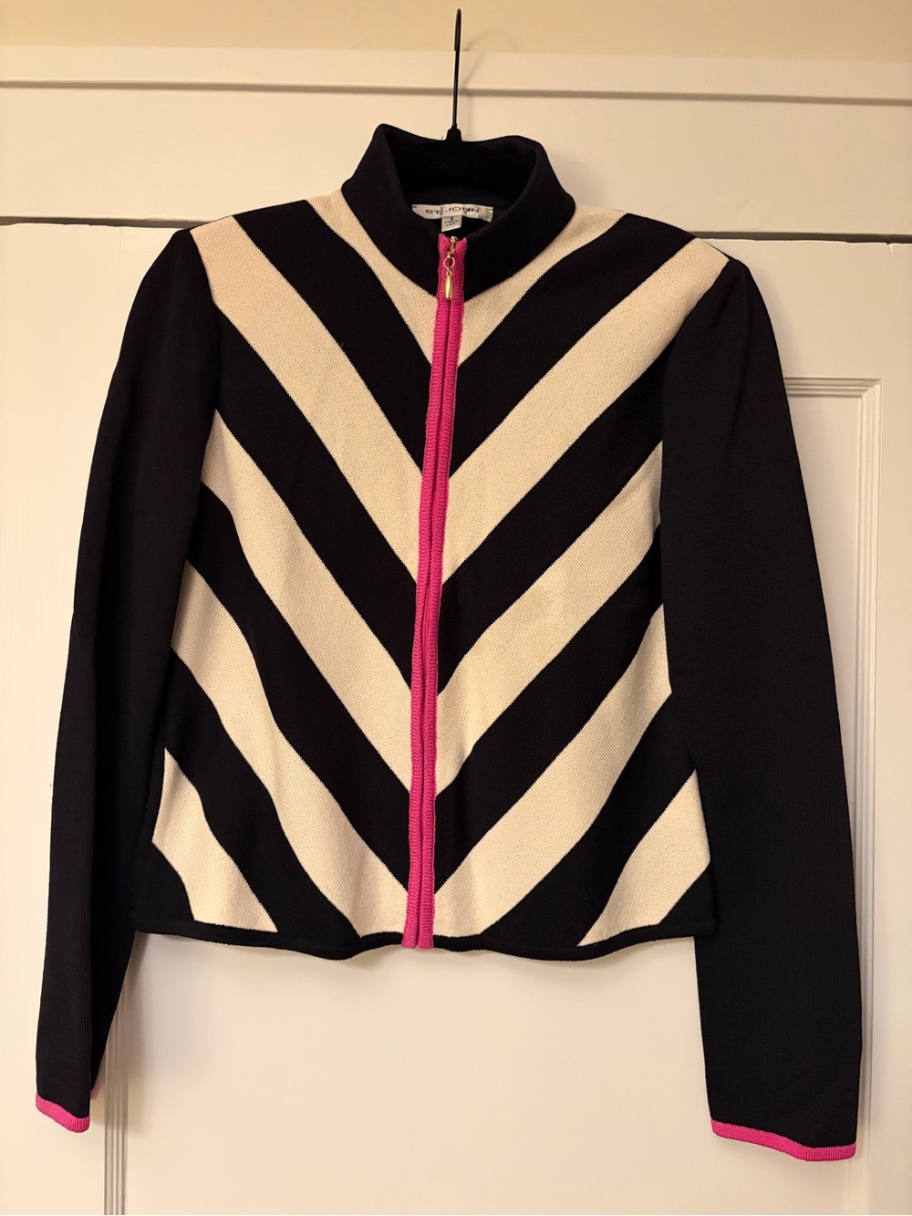 St. John Black & Cream Chevron Jacket with Pink Zip Trim